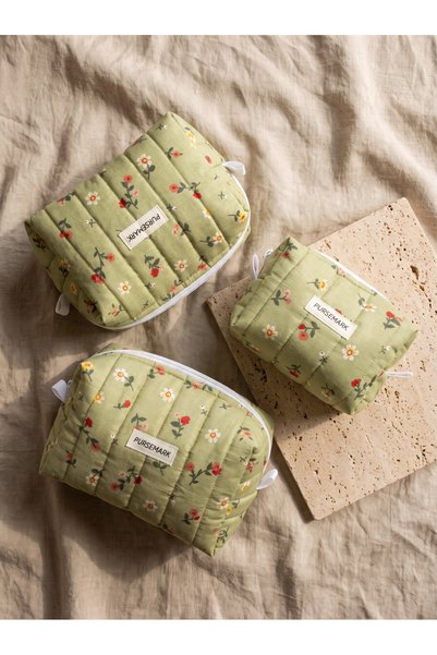 PURSEMARK Green Floral Patterned Quilted Handmade (Set of 3) Makeup Bag - Travel Bag