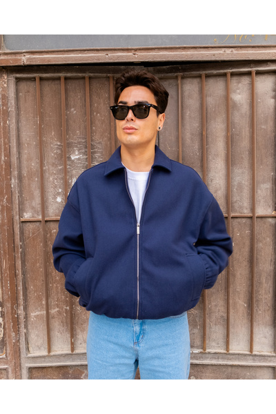 Oversize Bomber Lacivert Kaşe Ceket