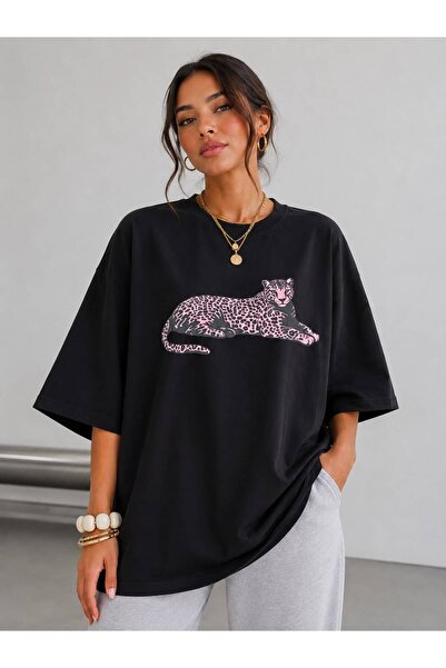 khufu Black Oversize Fit Cotton Cheetah Printed Relaxed Cut Unisex T-Shirt