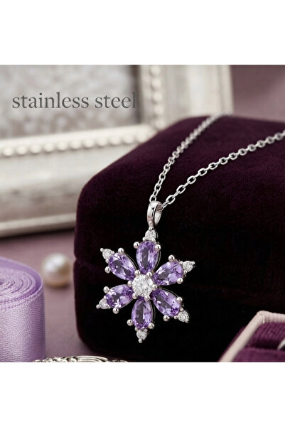 stainless steell سلسلة فولاذية 316L فضية اللون مع حجر أرجواني على شكل زهرة ال...
