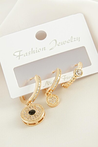 ZERO LAND Ilkestor 3 Pieces Round Zircon (15734) Stone Earrings-Yellow