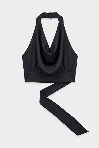 BSL Saten Degaje Yakalı Crop Bluz