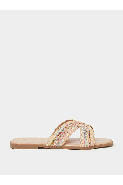 Styli Beige Embellished Flat Sandals
