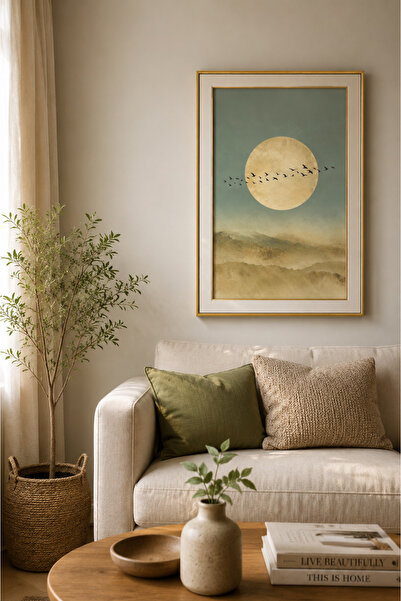 ARTI HOME Ay Manzaralı Kuş Silüeti Ahşap Duvar Tablosu – Minimalist Doğa Manz...