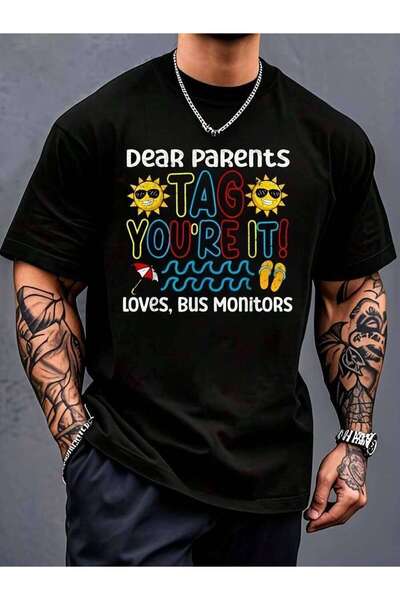 4CR Dear Parents Tag You're It Love Bus Monitor Life Print T Casual Crew Neck...