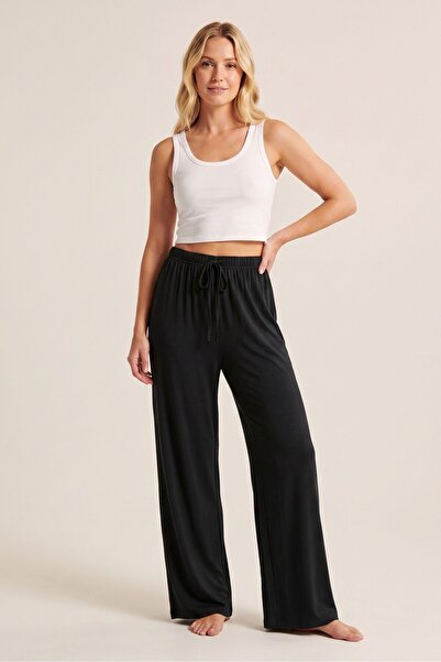 OBJE Women's Black Elastic Waist Lace up Wide Leg Pants