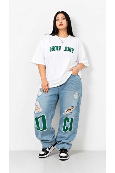 ZAVIXO Kadın Büyük Beden Oversize Seoul Vibes Baskılı %100 Pamuk Tişört – Gün...