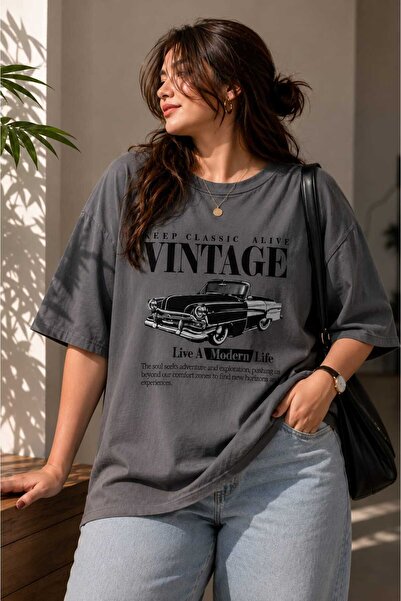 ZAVIXO Kadın Büyük Beden Oversize Vintage Araba Baskılı %100 Pamuk Tişört – G...
