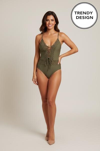 Trendy Design Women's One Piece Swimsuit, Premium Black, Deep V Neck with Lac...