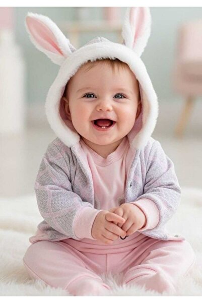 MİLAYS LİFE HOME COLLECTİON Baby Girl's Feathered Jacket with Ears, Rabbit Em...