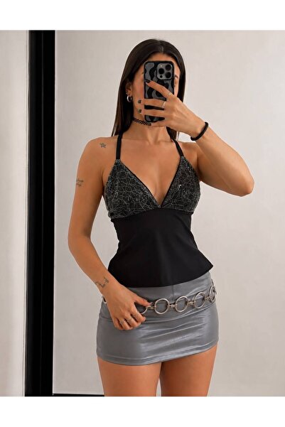 Genel Markalar y2k lolita askılı boyundan bağlamalı pullu siyah crop