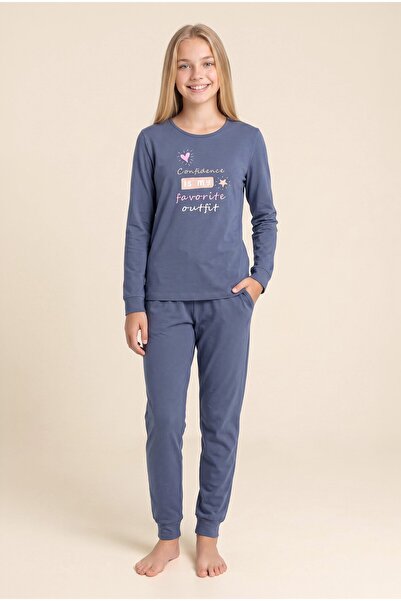 BAYKAR Young Girl's Cotton Crew Neck Printed Long Sleeve Pajama Set 9285 Navy...