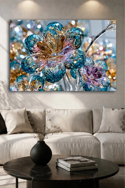 TAULART Unbreakable Glass Painting Crystal Blue Flowers Modern Luxury Wall Pa...