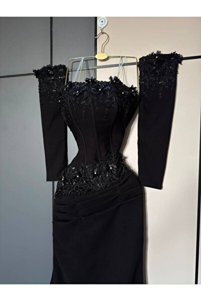 FASHION فستان أسود فاخر بتصميم كورسيه مطرز بأزهار ثلاثية الأبعاد على الصدر وا...
