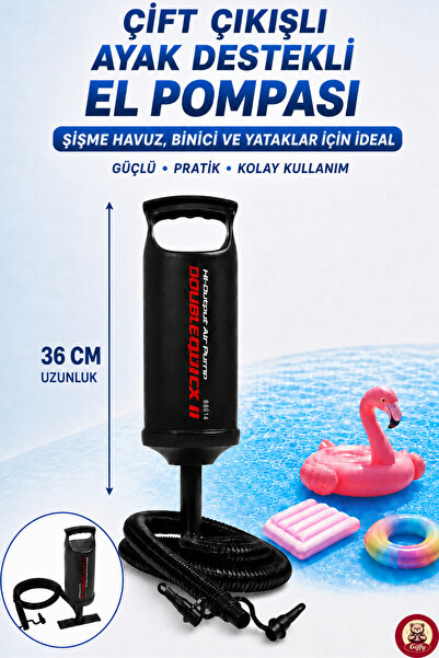 giffy 48 cm Çift Hava Çıkışlı 3 Adaptörlü Ayaklı Büyük Boy El Pompası Şişme Y...