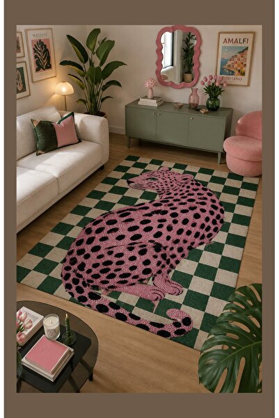MENTEŞ HOME Dijital Baskı Yeşil Pembe Leopar Desenli Kaymaz Taban Yıkanabilir...