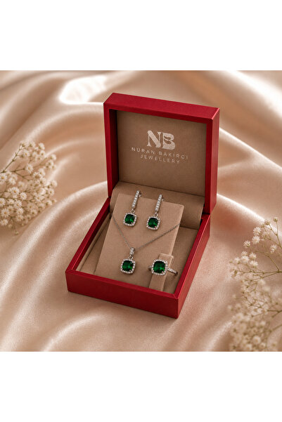 NB JEWELLRY 925 Ayar Gümüş Doğal Zümrüt Taşlı Takım | Kolye, Küpe ve Yüzük Seti