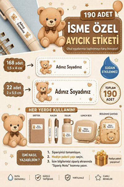WALLHUMAN 190 Adet İsme Özel Ayıcık Okul Etiketi Seti – Suya Dayanıklı İsim E...
