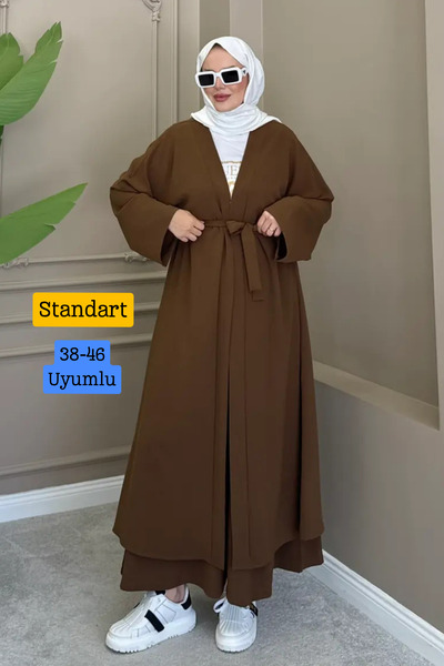 Mogi Butik طقم كيمونو نسائي طويل مع سترة وبنطلون وحزام وملابس إسلامية متناسقة...