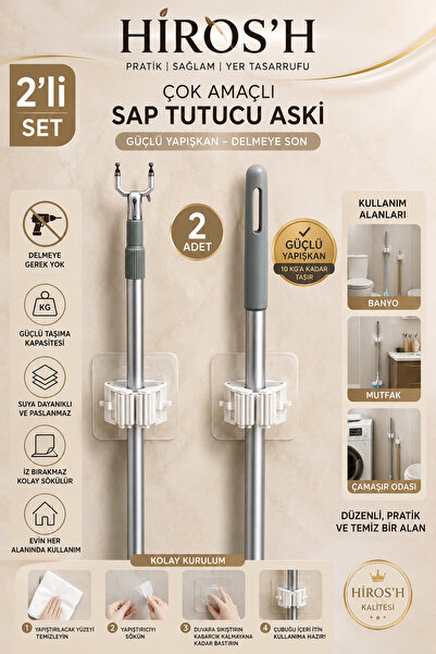 HİROS'H Premium Güçlü Yapışkanlı Pratik Mop Tutucu Temizlik Fırçası Tutucu Şe...