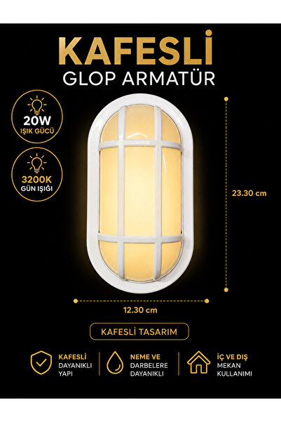 kialed 20W LED Kafesli Beyaz Glop Armatür 3200K Gün Işığı IP65 İç Dış Mekan D...