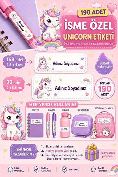 WALLHUMAN 190 Adet İsme Özel Unicorn Okul Etiketi Seti – Suya Dayanıklı İsim ...