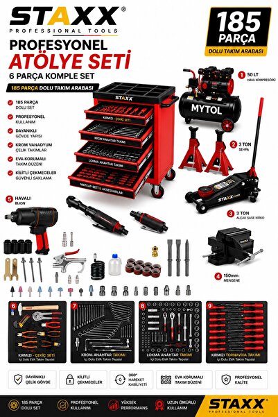 STAXX POWER 185Parça Dolu Takım Arabası 50 LT Kompresör 3Ton Kriko Sehpa Meng...