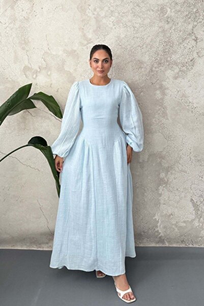 Elbee Fashion Woman فستان أزرق بأكمام طويلة وتنورة مكشكشة