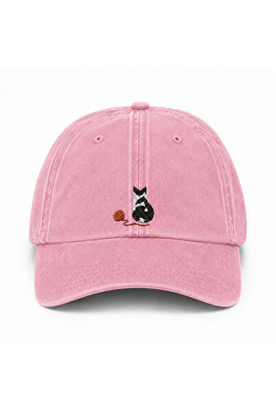WeavedCo Cat and Wool Ball Embroidered Unisex Vintage Washed Distressed Cap Hat