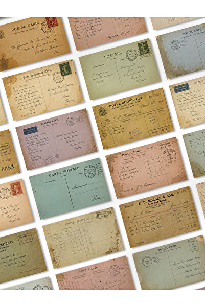 Henno 48’li Kartpostal, Mektup ve Vintage Evrak Temalı 9x5,5 cm Pul Sticker S...