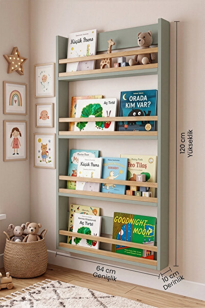 Yurudesign Blom 4 Raflı Montessori Çocuk Odası Kitaplığı Rafı 120x64x10cm Kay...