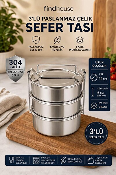 findhouse 304 Paslanmaz Çelik 3 Katlı Sefer Tası Taşımalı Yemek Kabı 14x6cm B...