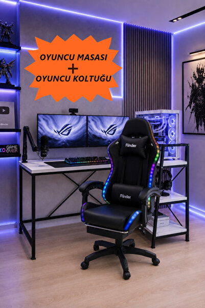 Flinder Oyuncu Masası + Oyuncu Koltuğu Takımı, L Masa ve Ledli Sandalye Seti,...