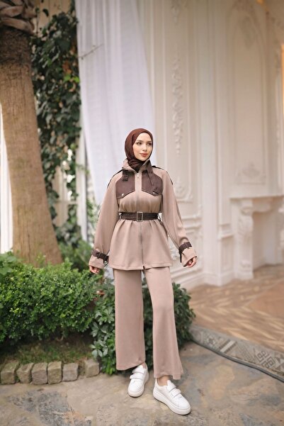 Bwest Zippered Waist Buckle Detailed Double Hijab Tracksuit Set - (38-46) - 7...