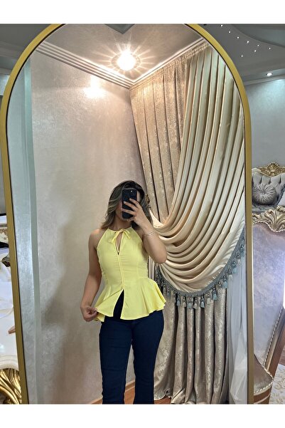 İLAYLA Boyundan Bağlamalı Butter Yellow Sarı Yandan Fermuarlı Etekli Bluz
