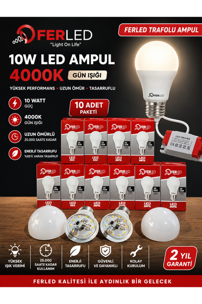Ferled 10 w günışğı led ampul 10 adet