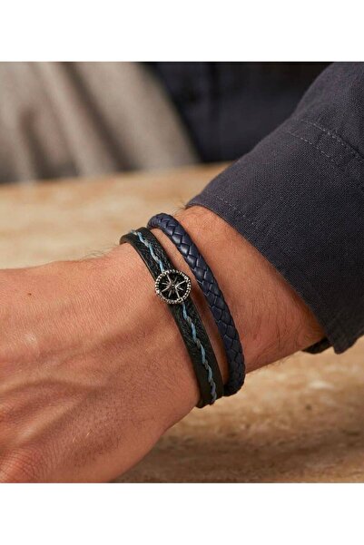 Feronnucci Unisex Combination Pu Leather Bracelet Black Steel Mesh Leather Br...