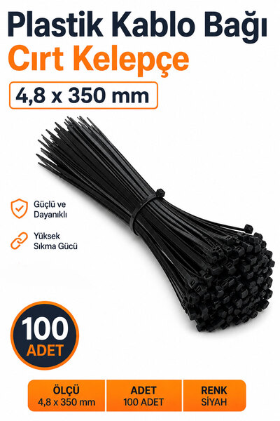 Badem10 Kablo Bağı Plastik Cırt Kelepçe 4,8x350 mm Siyah 100 Adet Güçlü Kilit...