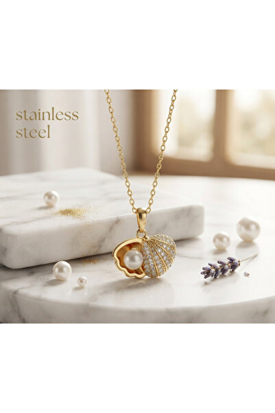 stainless steell Gold Color Sea Shell Pearl Detailed Zircon Stone Stainless S...