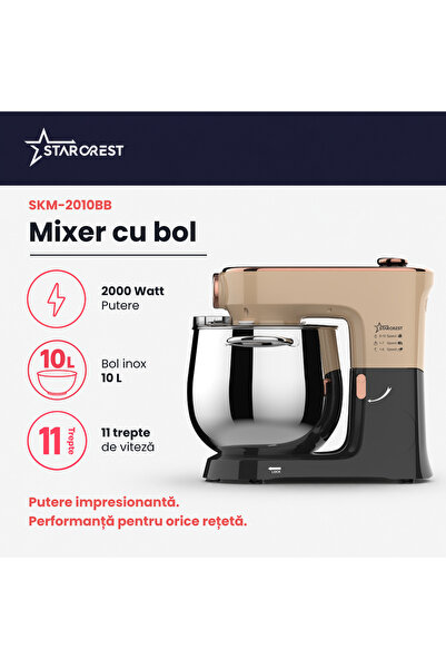 STARCREST Robot de bucatarie SKM-2010BB, 2000 W, Bol inox 10 L, 5 Accesorii, 10 Viteze + pulse, Control digital, Cantar integrat, Functie de dospire, Negru/Bronz