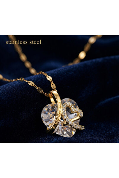 stainless steell سلسلة فولاذية 316L ذهبية اللون مع قلادة حجرية على شكل قلب با...