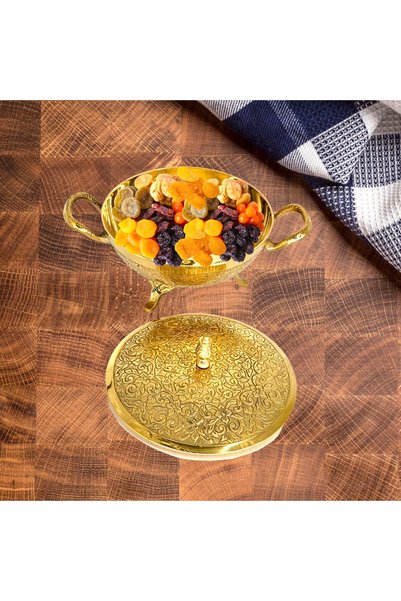Al Athar Arts Premium Brass Bowl with Lid & Handle Decorative in Gold Finish(Dia:7''xHeight:5''xWeight:1.150kg)