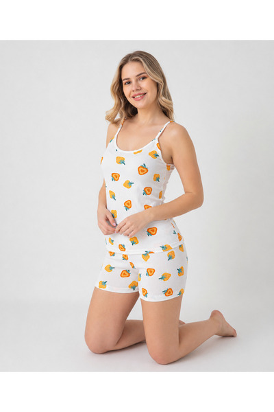 Pijamask Women's White Strawberry Patterned Strappy Shorts Pajama Set Cotton ...