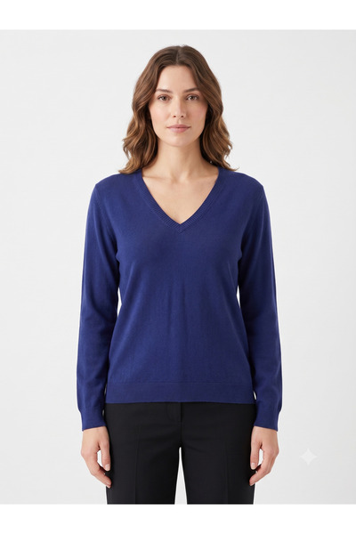 Neden Tekstil Women's V-Neck Long Sleeve Knit Sweater - Navy Blue