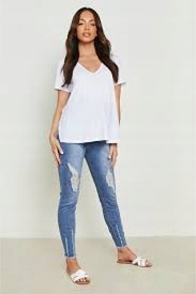 NO BRAND Pantaloni de blugi albaștri de sarcină, cu rupturi și găuri, Boohoo 42