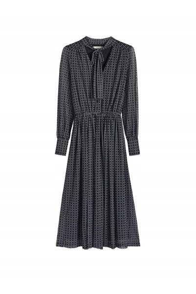 NO BRAND Rochie midi neagră din plasă cu model, cu guler tip colier cu șnur, ...