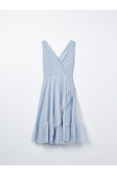 NO BRAND Rochie albastră Rochie din șifon Rochie midi Rochie cu buline Volan ...