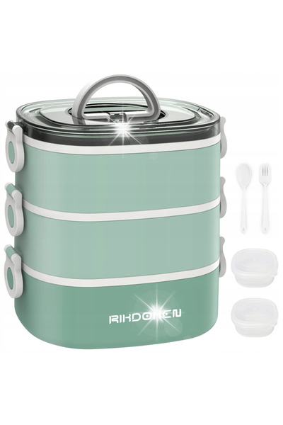NO BRAND Cutie de prânz Bento cu 3 niveluri, Set Rikdoken 2.8L Verde