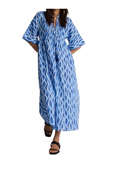 NO BRAND Rochie albastră din bumbac, cu imprimeu, supradimensionată, cu mânec...
