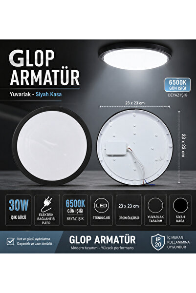 kialed 30W LED Glop Tavan Armatürü Yuvarlak Siyah Kasa 6500K Beyaz Işık İç Me...